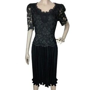 VTG 70s Barbara Chodos Michael Marcella Lace Puff Sleeve Pleat Skirt Midi Dress
